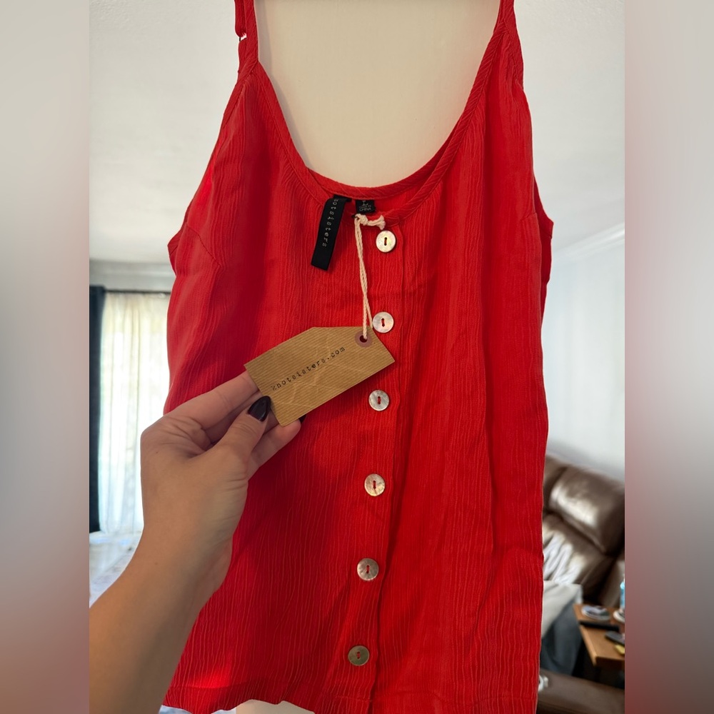 Red Sleeveless Button-Down Top